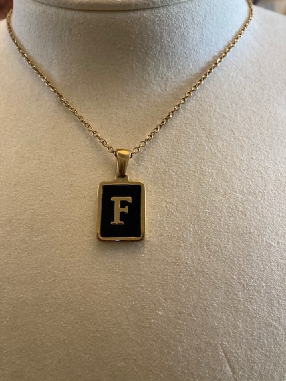 Gold-Tone Initial 'F' Black Enamel Pendant Necklace